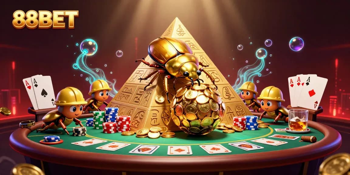88BET showcases an intense scene with golden beetles and poker elements, symbolizing high stakes.