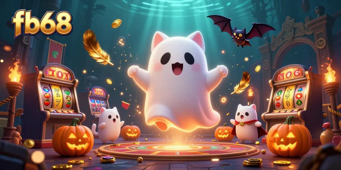 Experience the magic of fb68 with a ghostly cat and bat in a haunted casino scene.