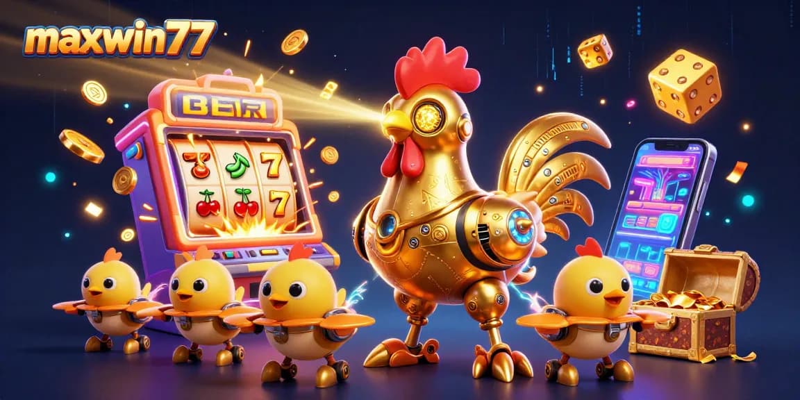 Experience the thrill of winning with maxwin77 in this dynamic casino art featuring engaging 3D characters and exciting game elements.