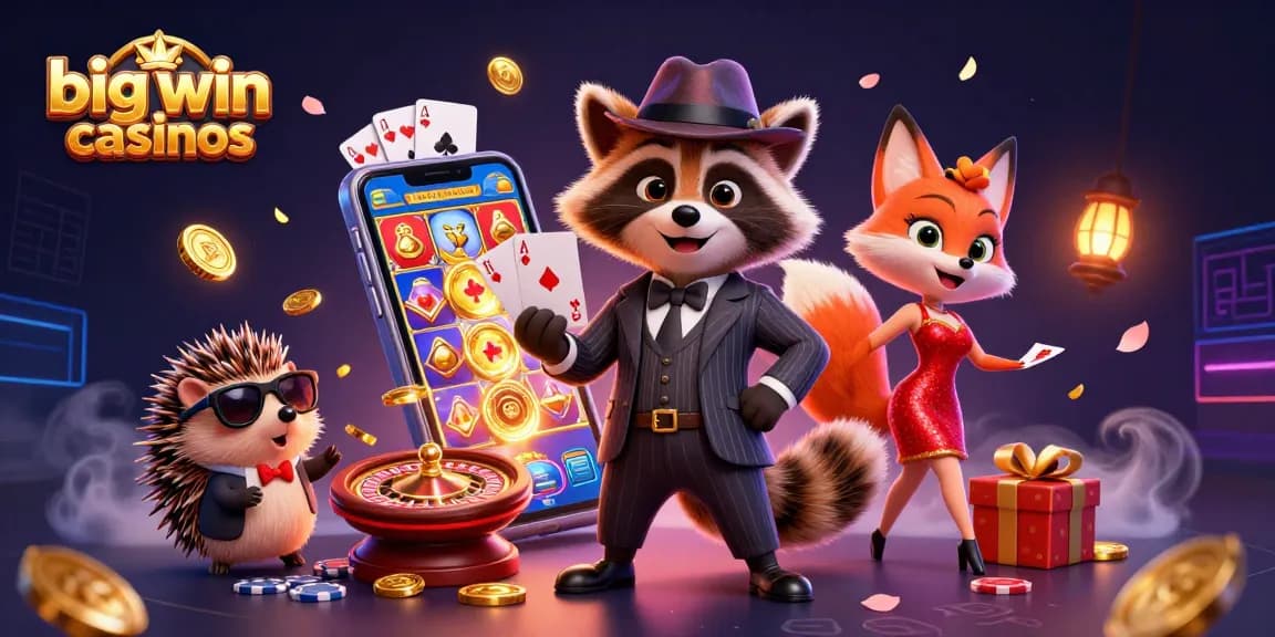 Experience big win casinos with a vibrant raccoon, fox, and hedgehog surrounded by dynamic gaming elements.