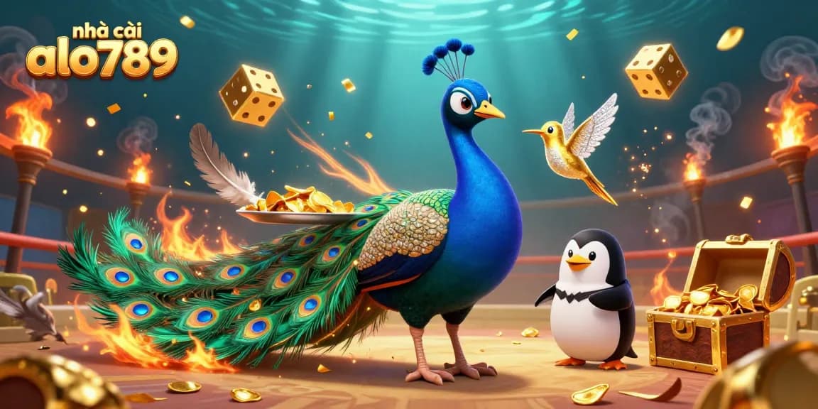 A vibrant scene of the nhà cái alo789 showcasing a peacock, butler penguin, and hummingbird near an exciting cockfighting arena.