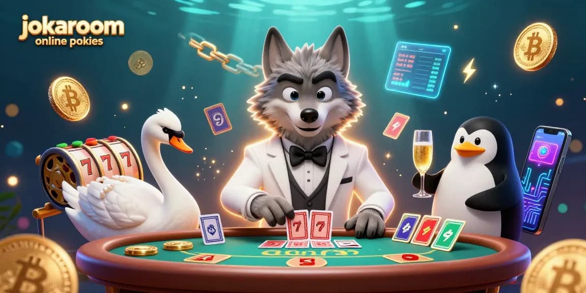 Spin and win at jokaroom online pokies with an exhilarating scene of cartoon characters in a casino.