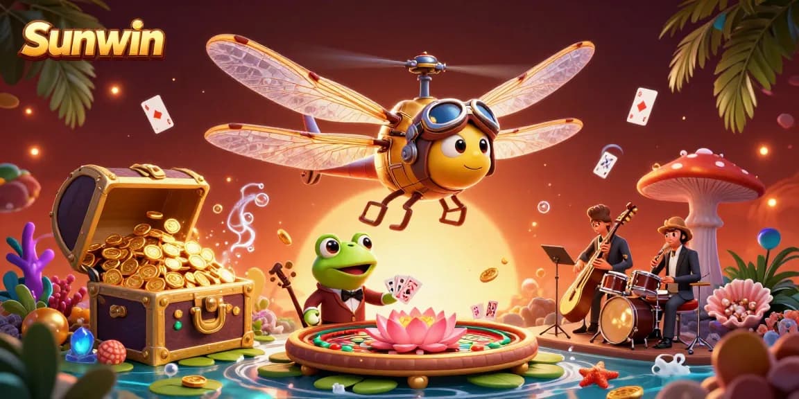 Engage with Sunwin's thrilling casino experience featuring a dragonfly pilot and frog croupier in a lively underwater scene.