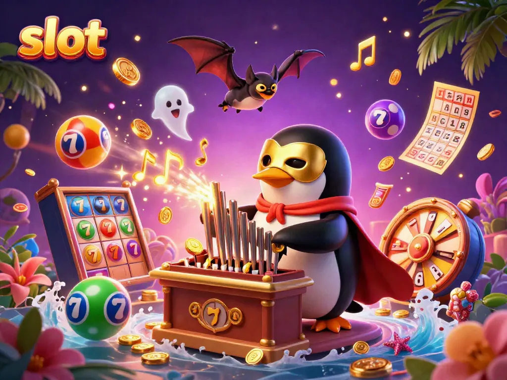 Experience thrilling slot action with a penguin organist amid a vibrant casino scene.