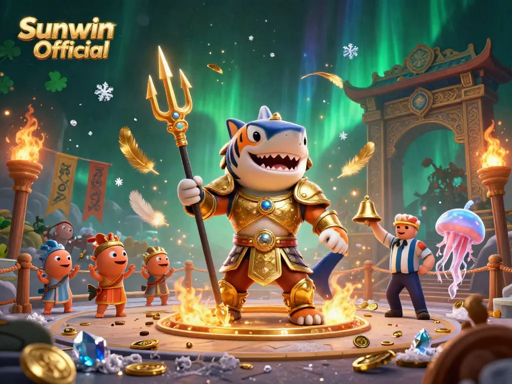 Engage with thrilling action at Sunwin Official, featuring a gladiator shark in a vibrant underwater colosseum.
