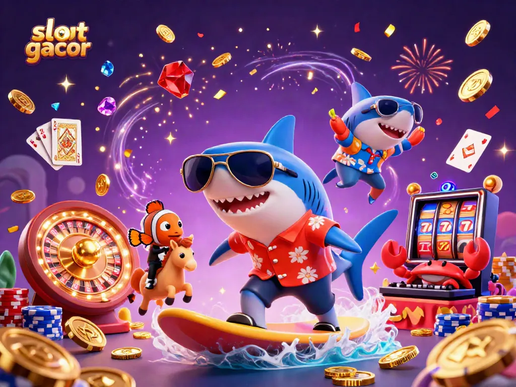 Engage in the excitement of slot gacor with a playful scene featuring a shark, clownfish, and crab amidst dynamic casino elements.