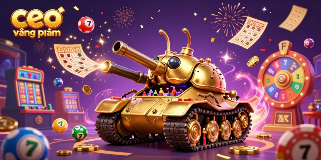 Experience the thrilling casino world as ceo vương phạm brings excitement with lottery balls, slot reels, and prize wheels.