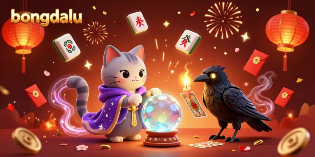 Bongdalu features a mystic cat and raven celebrating online gambling with vibrant gaming elements.