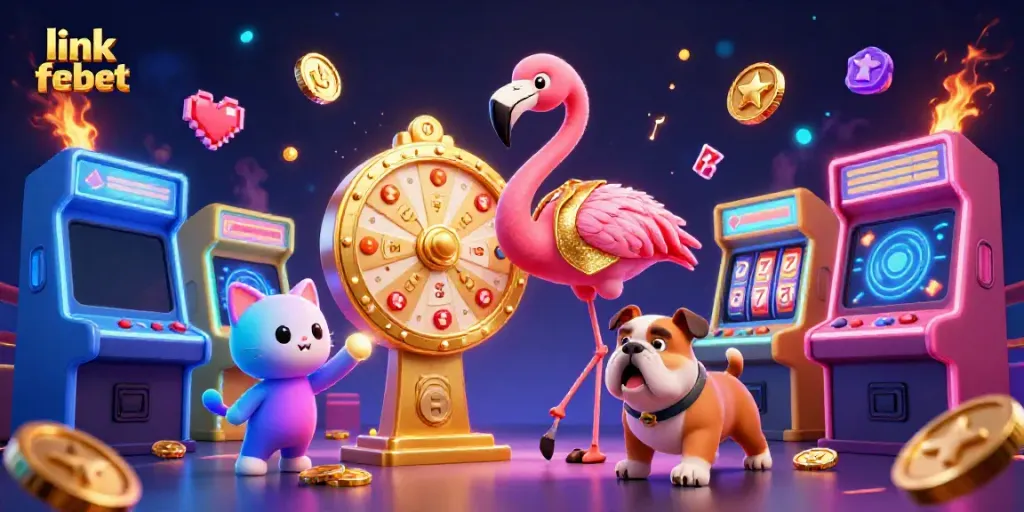 Win big with link febet in a vibrant casino scene featuring a flamingo host and excited contestants.
