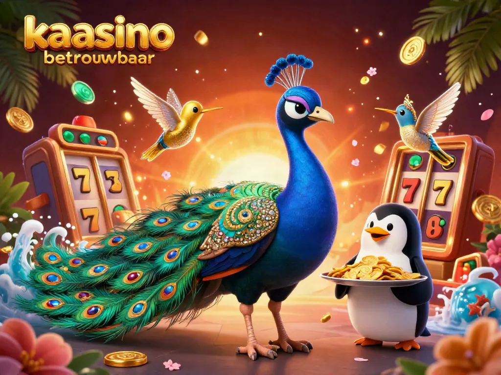 Kaasino betrouwbaar showcases vibrant peacock and penguin characters amidst rich gambling-themed elements like slot reels.