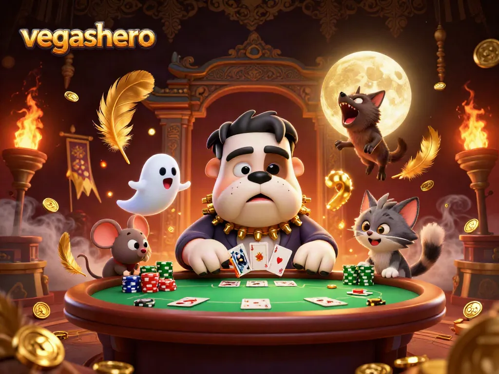 Experience the thrill at VegasHero Casino with a lively scene featuring a bulldog dealer and ghostly chips.