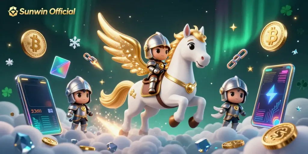Engage with thrilling gameplay at Sunwin Official while riding a mystical horse through a stunning, vibrant digital casino landscape.