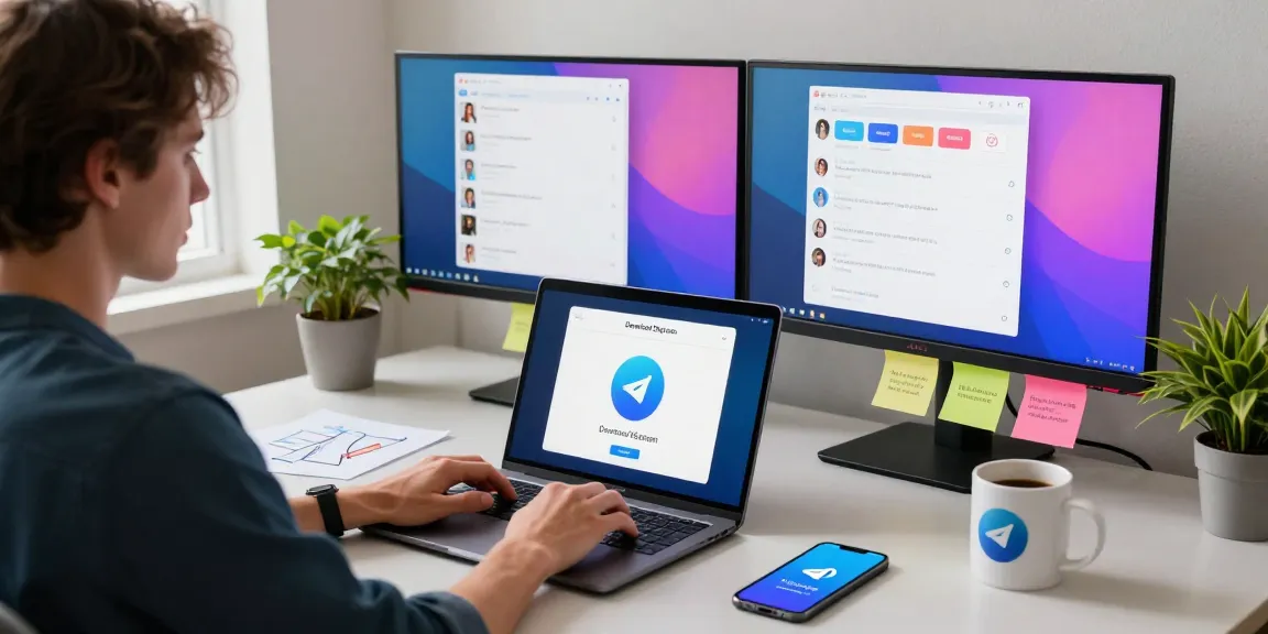 Download Telegram on a laptop in a modern home office setup.