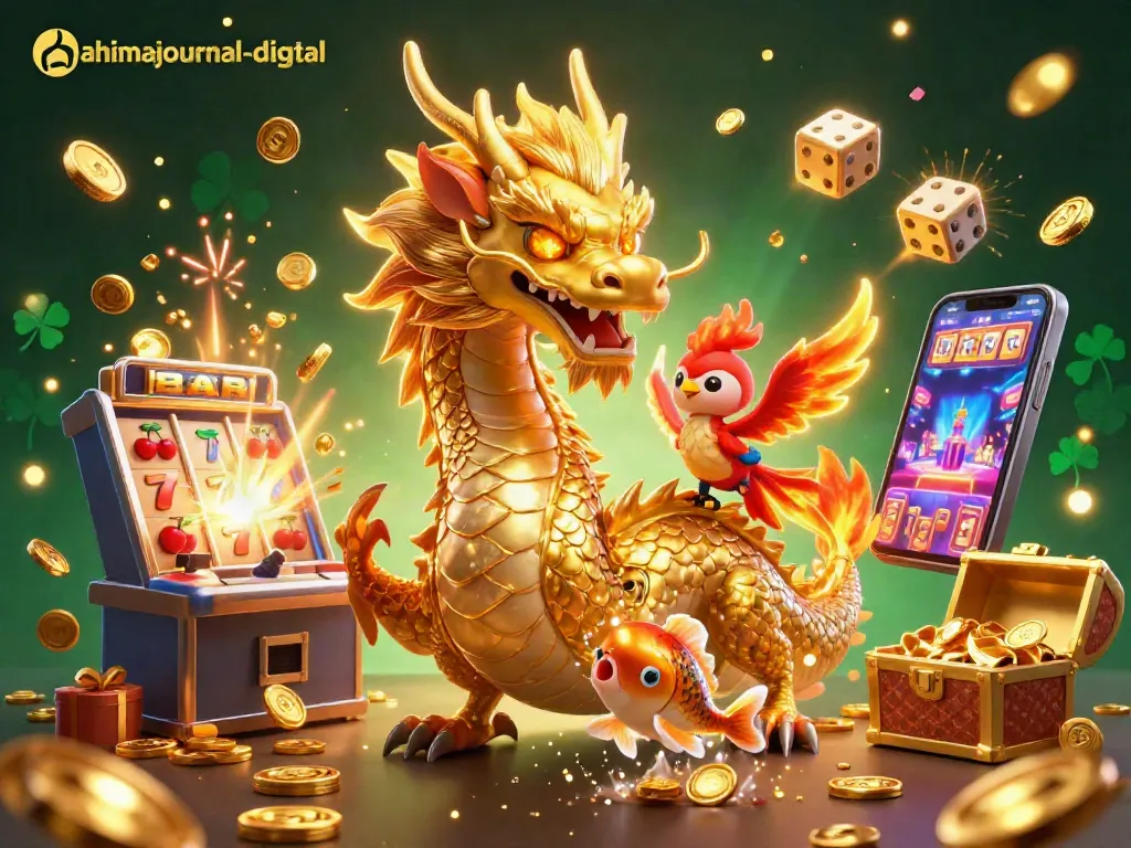 Experience the thrilling gaming action at ahimajournal-digital with a vibrant 3D casino scene featuring dragons and jackpots.