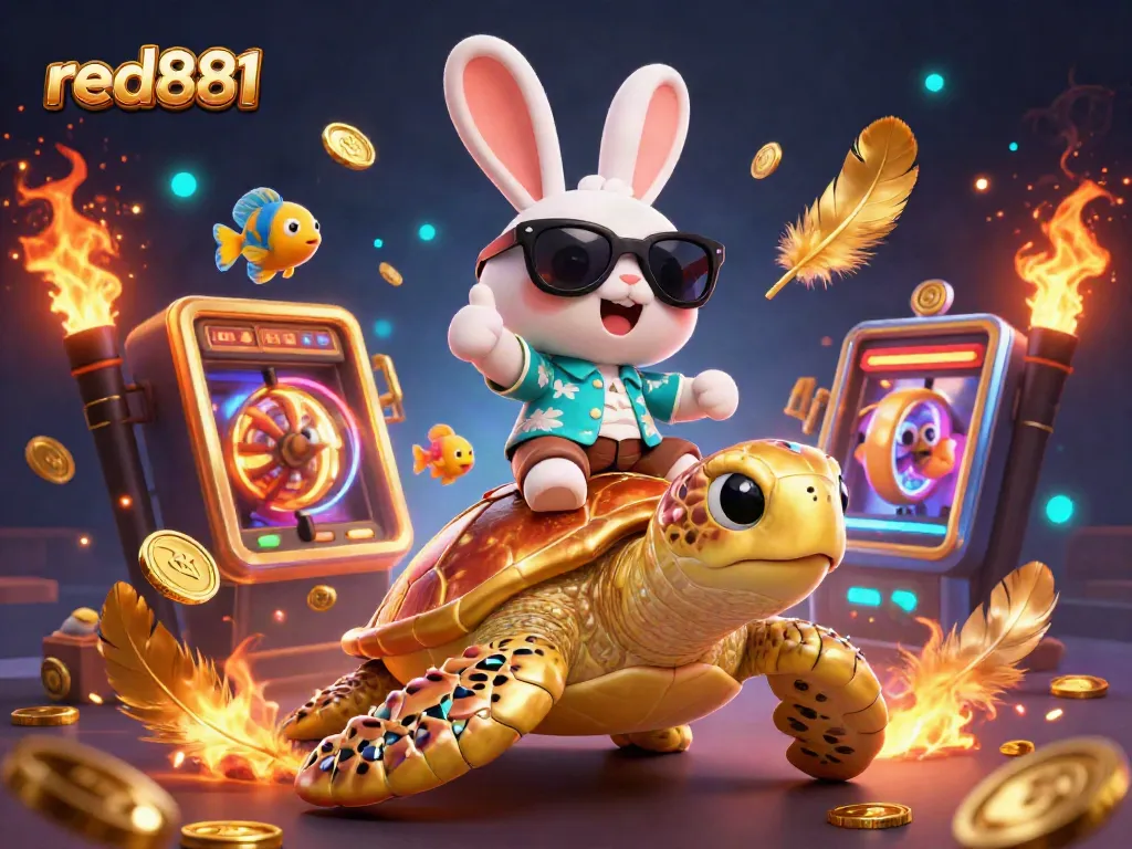 Win big with red881 in this colorful, vibrant 3D casino scene featuring a lucky rabbit and golden turtle.