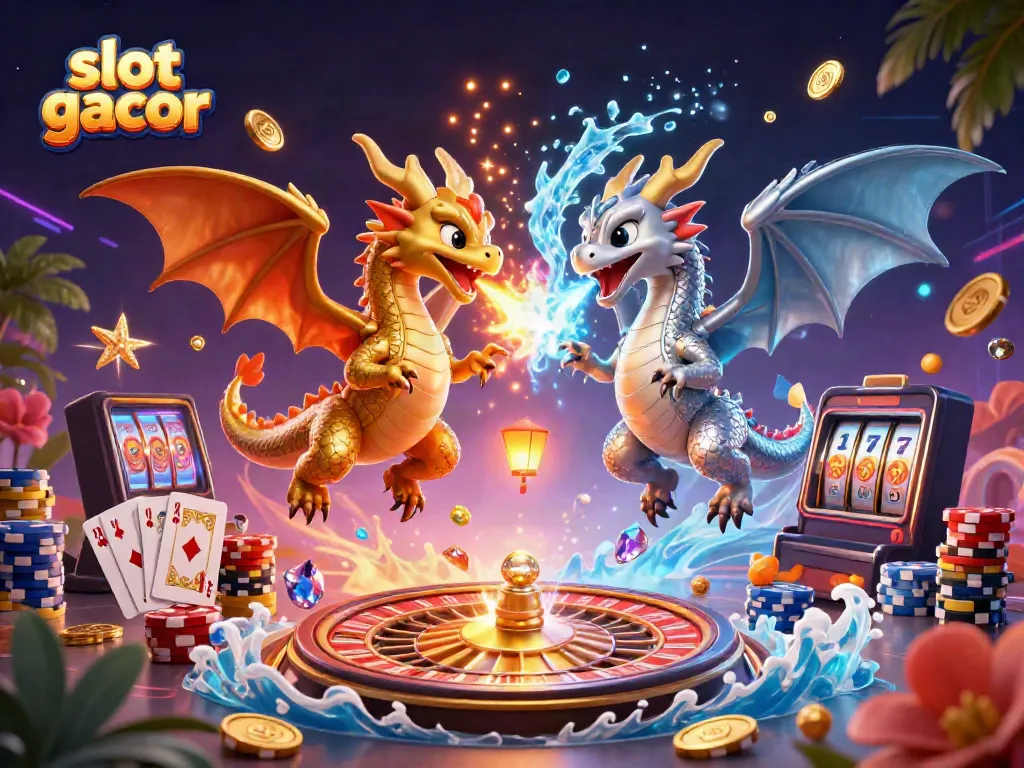 Engage in slot gacor action with dragon companions amid a whirlwind of casino elements, showcasing thrilling gameplay.