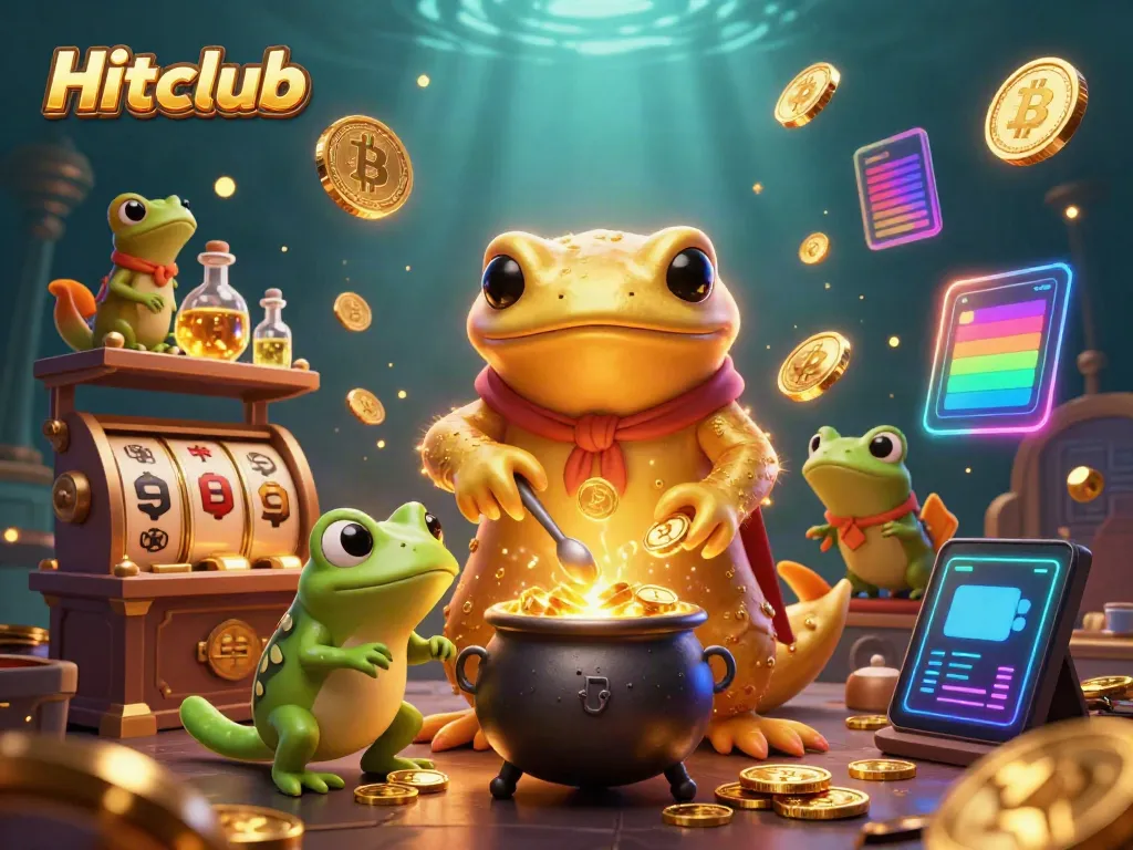 Experience the thrill of Hitclub with vibrant slot games and dynamic gold transmutation in this captivating illustration.