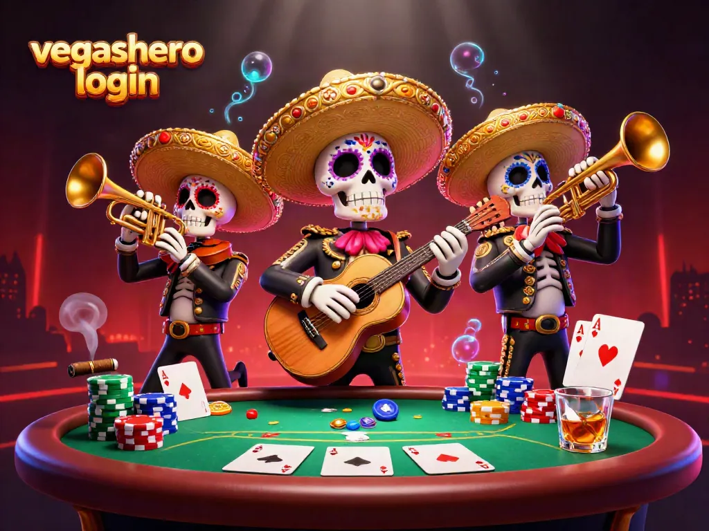 Join the action with vegashero login at a vibrant casino table featuring lively skeleton musicians.