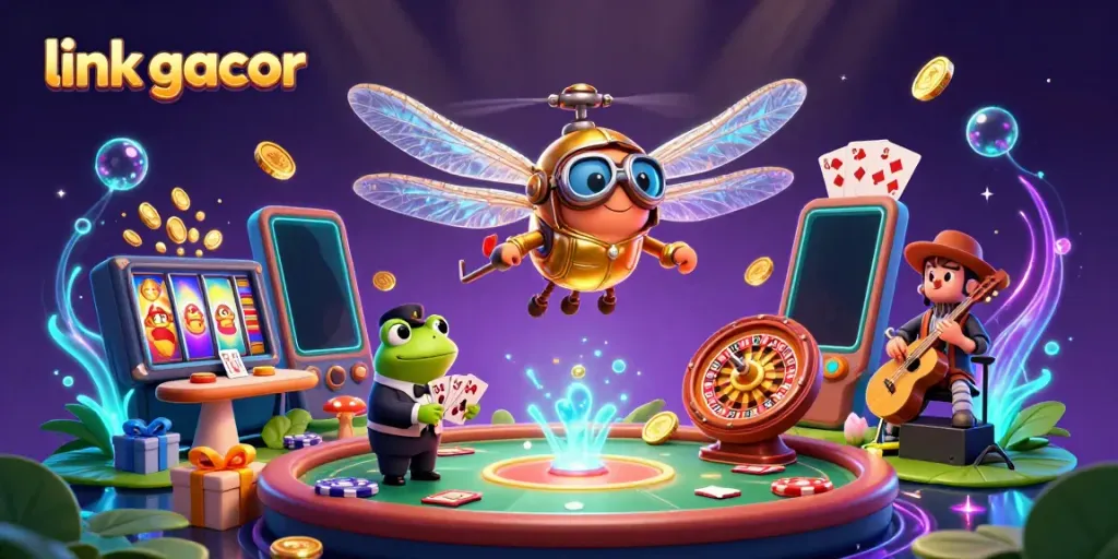 Engage with top slots at link gacor featuring vibrant 3D characters and casino elements in a dynamic illustration.