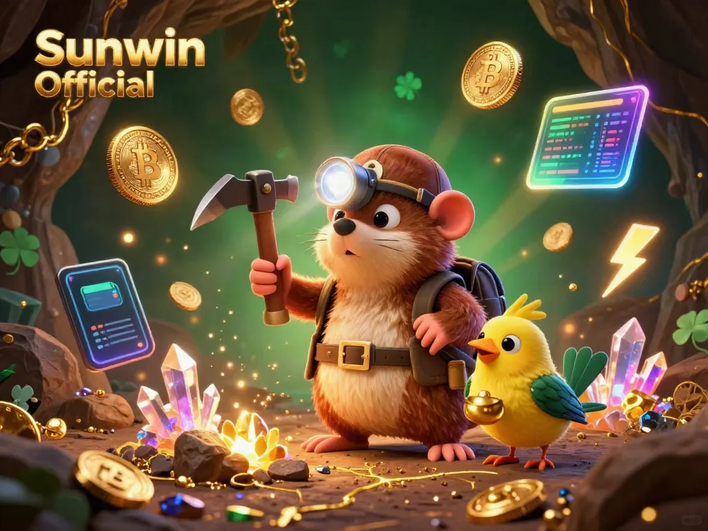 Play slot games with Sunwin Official, featuring a cartoon treasure hunter and golden coins in a glowing cave.