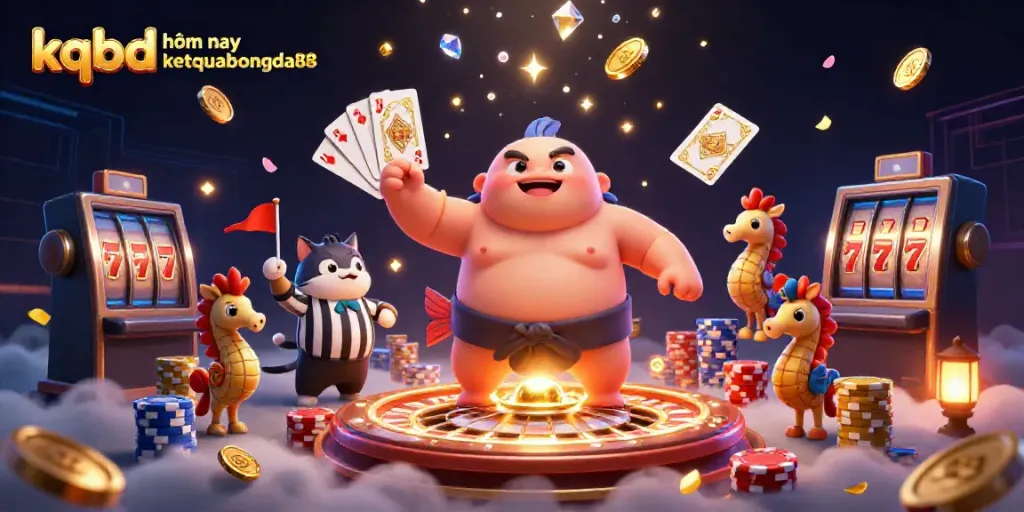 Engaging 3D illustration of kqbd hôm nay ketquabongda88 featuring a fugu, catfish referee, and seahorses in a thrilling underwater casino.