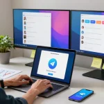 Download Telegram on a laptop in a modern home office setup.