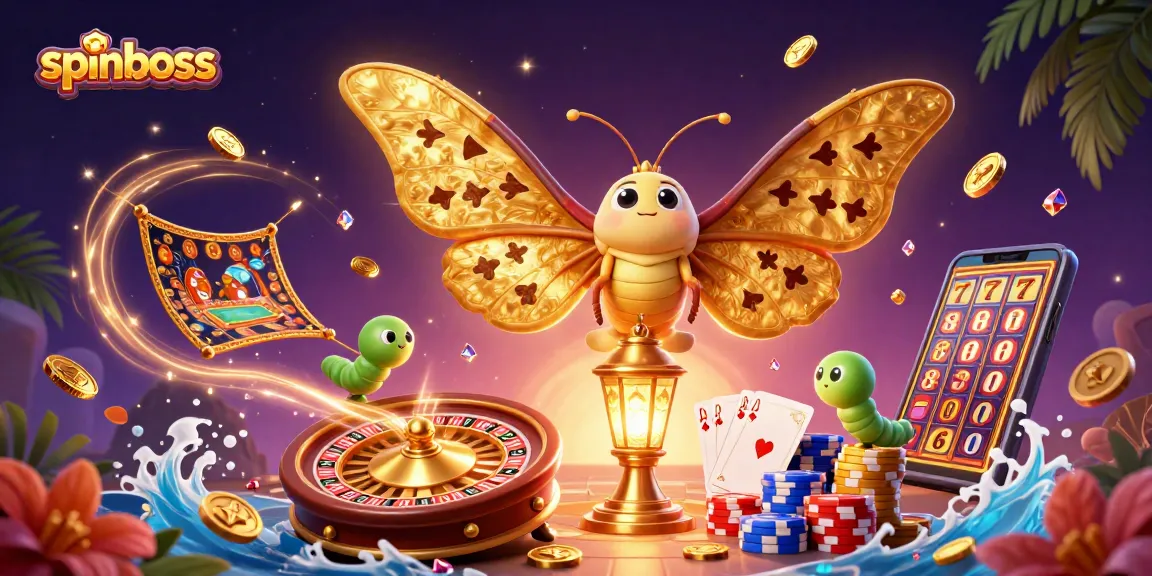 Spinboss showcases vibrant casino scenes with a majestic moth and golden elements.