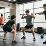 Professionele trainer helpt bij Unique Pharma Steroïden Winkel met gewichtheffen in moderne sportschool.